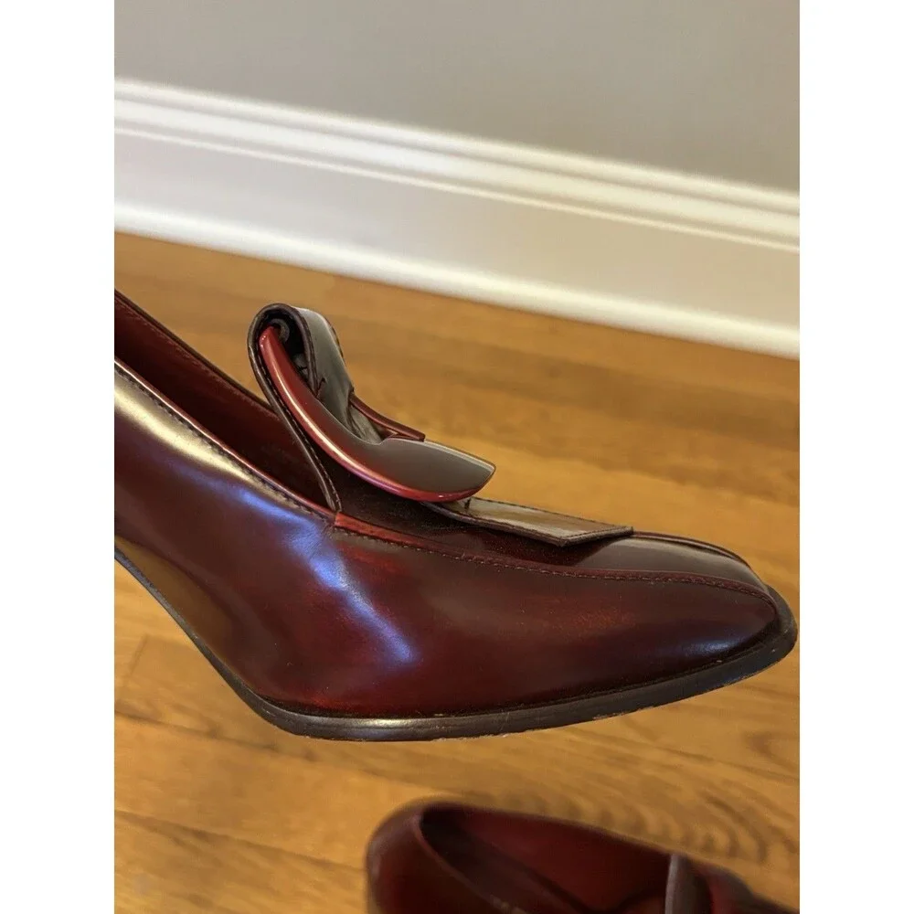 Tory Burch Burgundy Buckle Loafers Curved Block Heels Wild Berry Leather 10 - Picture 10 of 16